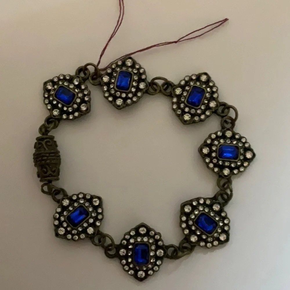 Hand Crafted Bracelet Blue Crystals Clear Rhinestones Bronze Magnetic Clasp